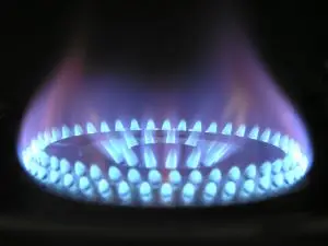 Gas burner, alight.